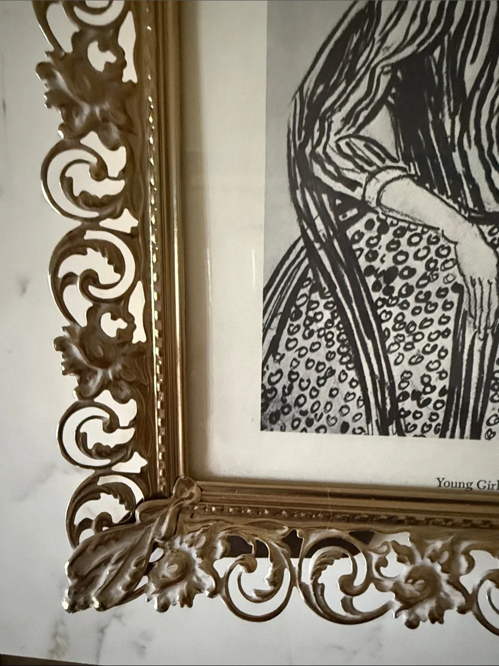 Vintage Gold Tone Ornate Picture Frame with Van Gogh Pencil Art